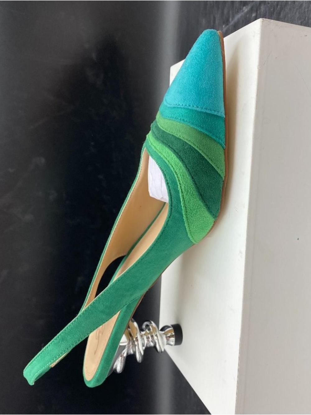 Green Slingback Sandals with Silver Heel